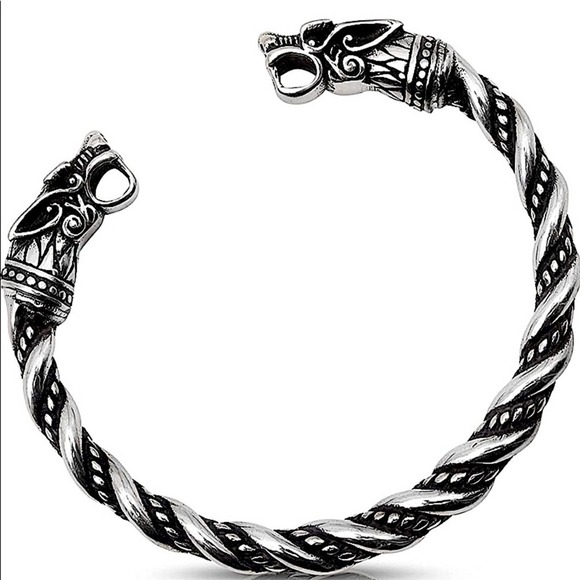 STERLING SILVER VIKING WOLF BRACELET SILVER ARM BAND CUFF BANGLE - Picture 3 of 9